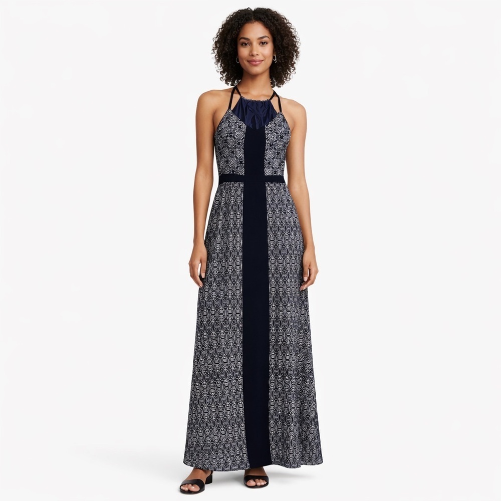 J. Crew Navy and White Halter Maxi Dress